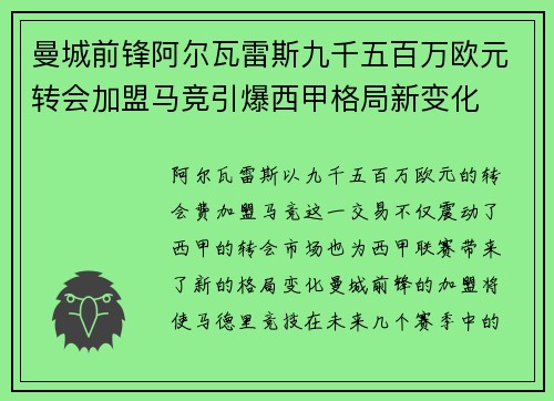 曼城前锋阿尔瓦雷斯九千五百万欧元转会加盟马竞引爆西甲格局新变化 曼城前锋阿尔瓦雷斯九千五百万欧元转会加盟马竞引爆西甲格局新变化